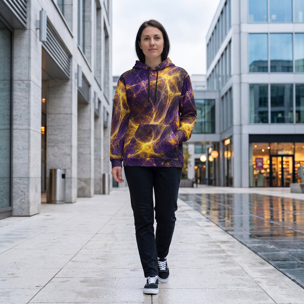 A woman stands on a city sidewalk wearing a purple and yellow nebula-print hoodie, black sweatpants, and black sneakers, with modern glass buildings in the background.