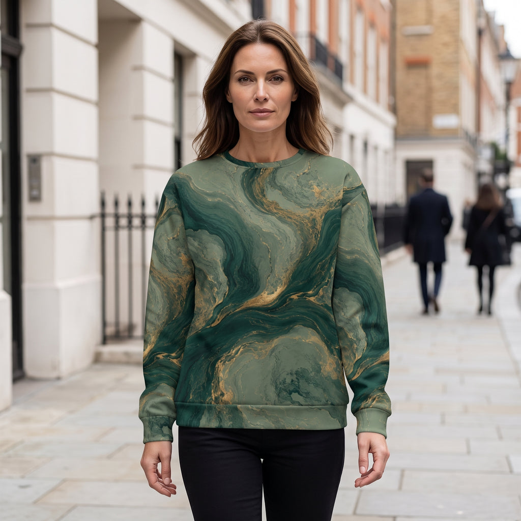 Woman walking in the Emerald Current all-over print sweatshirt