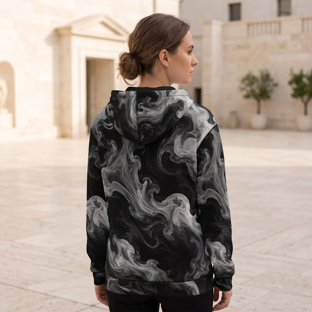Woman wearing the Phantom Smoke all-over print zip hoodie