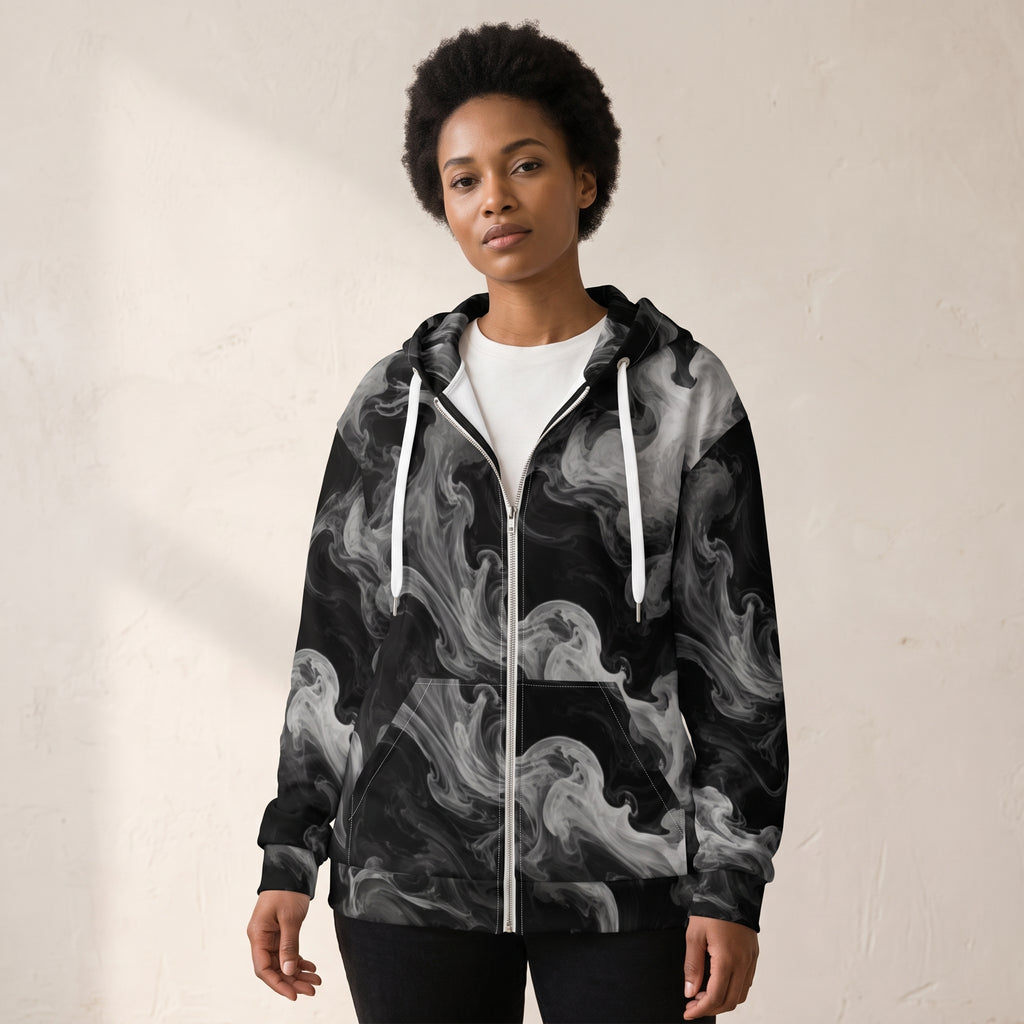 Woman wearing the Phantom Smoke all-over print zip hoodie