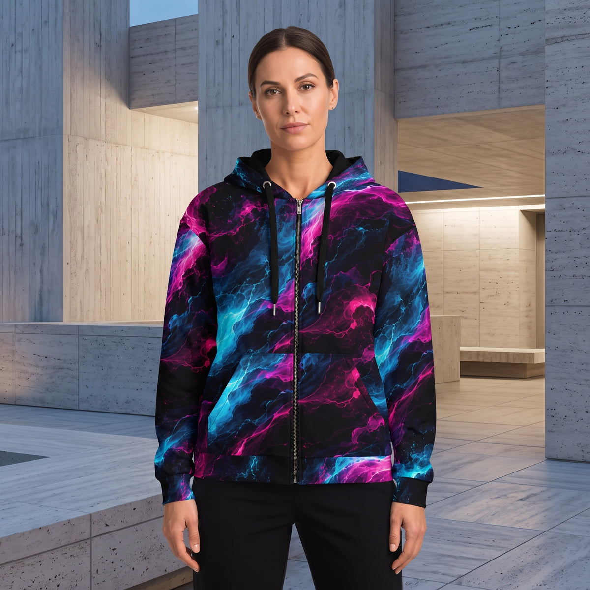 Woman wearing the Neon Vortex all-over print zip hoodie
