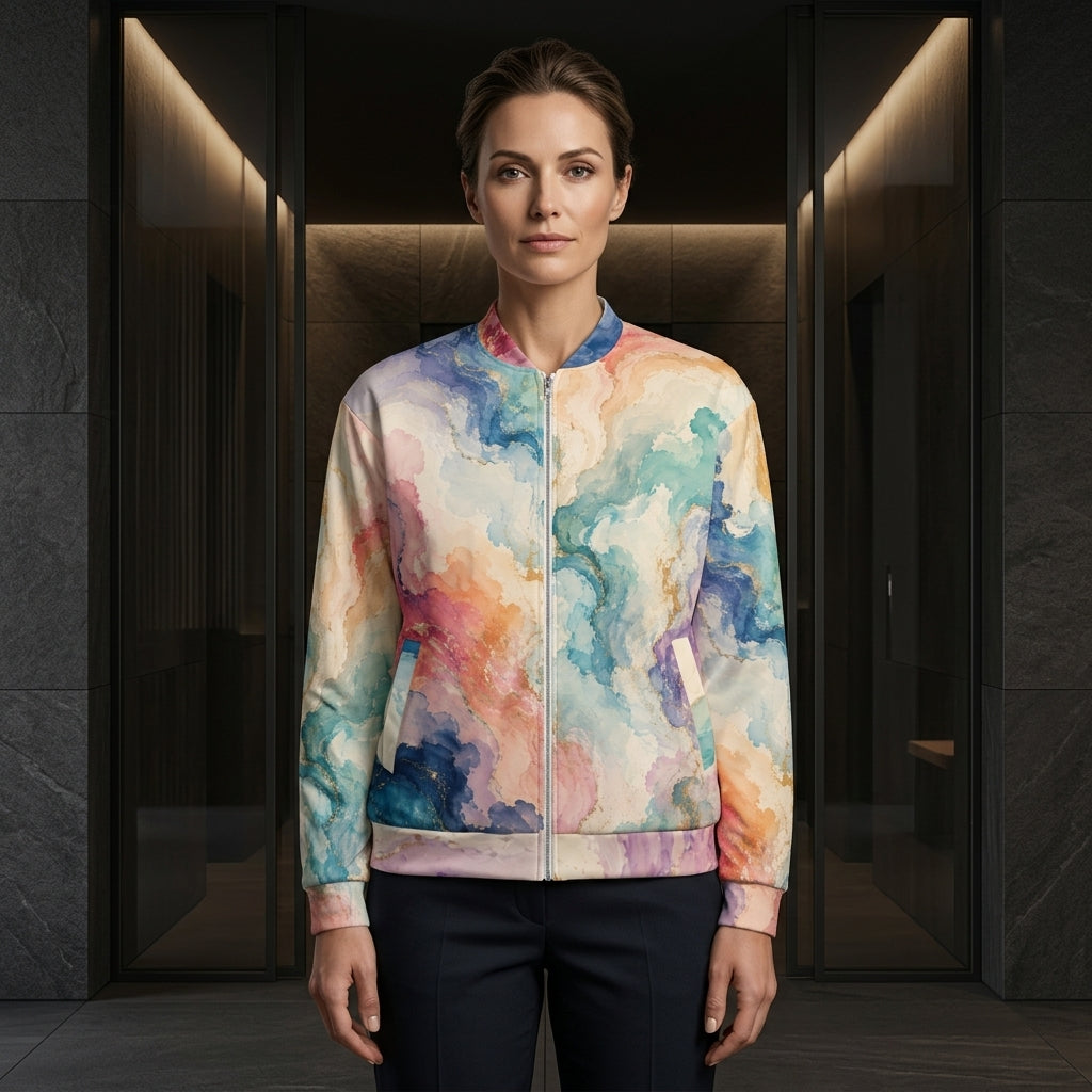 Woman wearing the Ethereal Drift all-over print bomber jacket