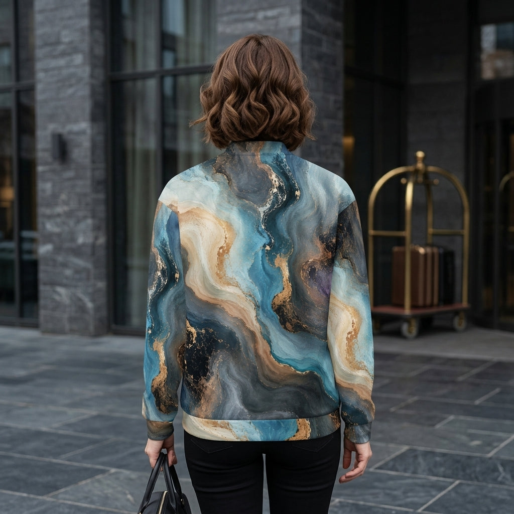 Woman wearing the Oceanic Alchemy all-over print bomber jacket