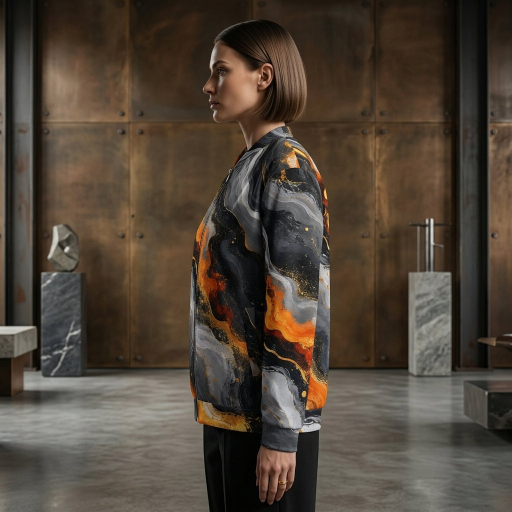 Woman wearing the Molten Obsidian bomber jacket, charcoal and orange print