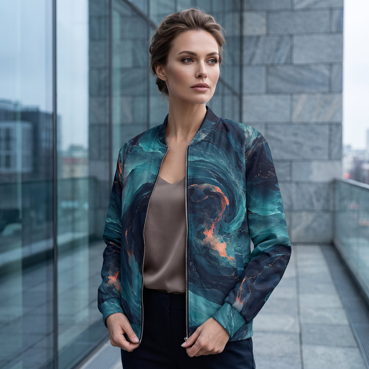 Woman wearing the Neon Nebula all-over print bomber jacket