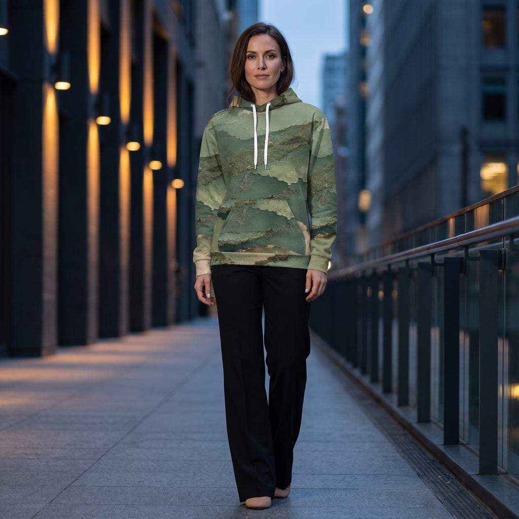 Woman wearing the Verdant Terrain all-over print hoodie