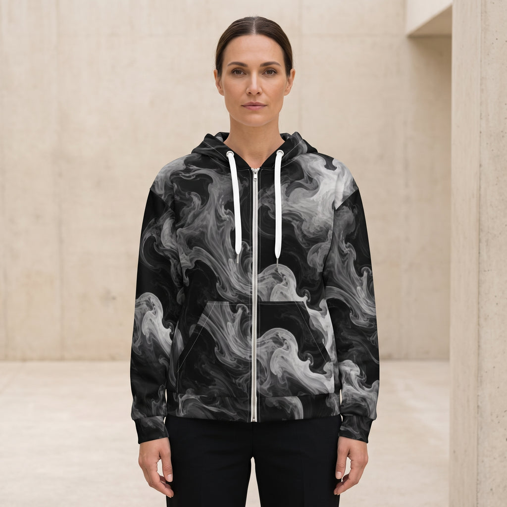 Woman wearing the Phantom Smoke all-over print zip hoodie