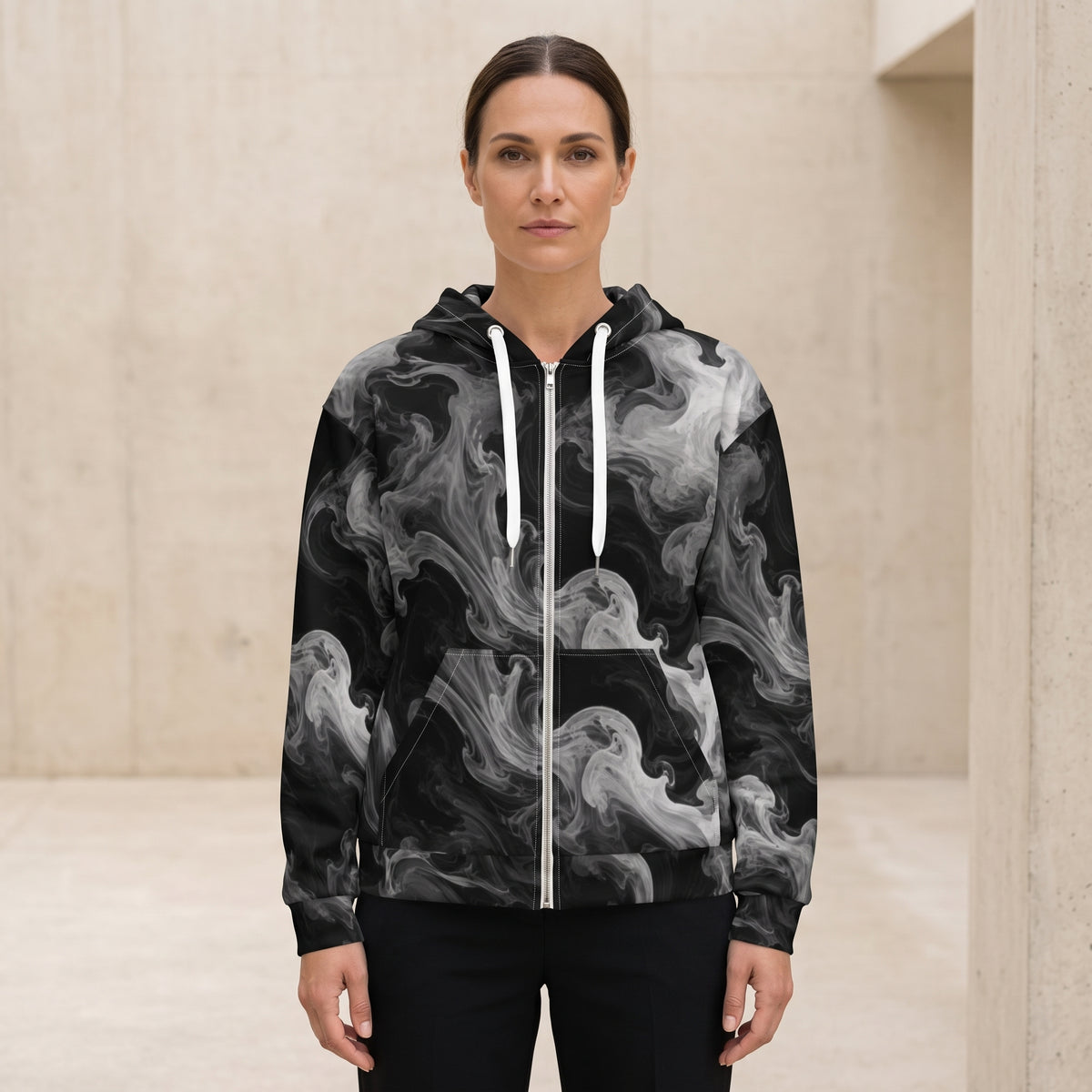 Woman wearing the Phantom Smoke all-over print zip hoodie