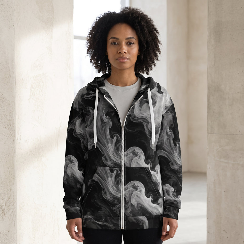 Woman wearing the Phantom Smoke zip hoodie, black and grey print