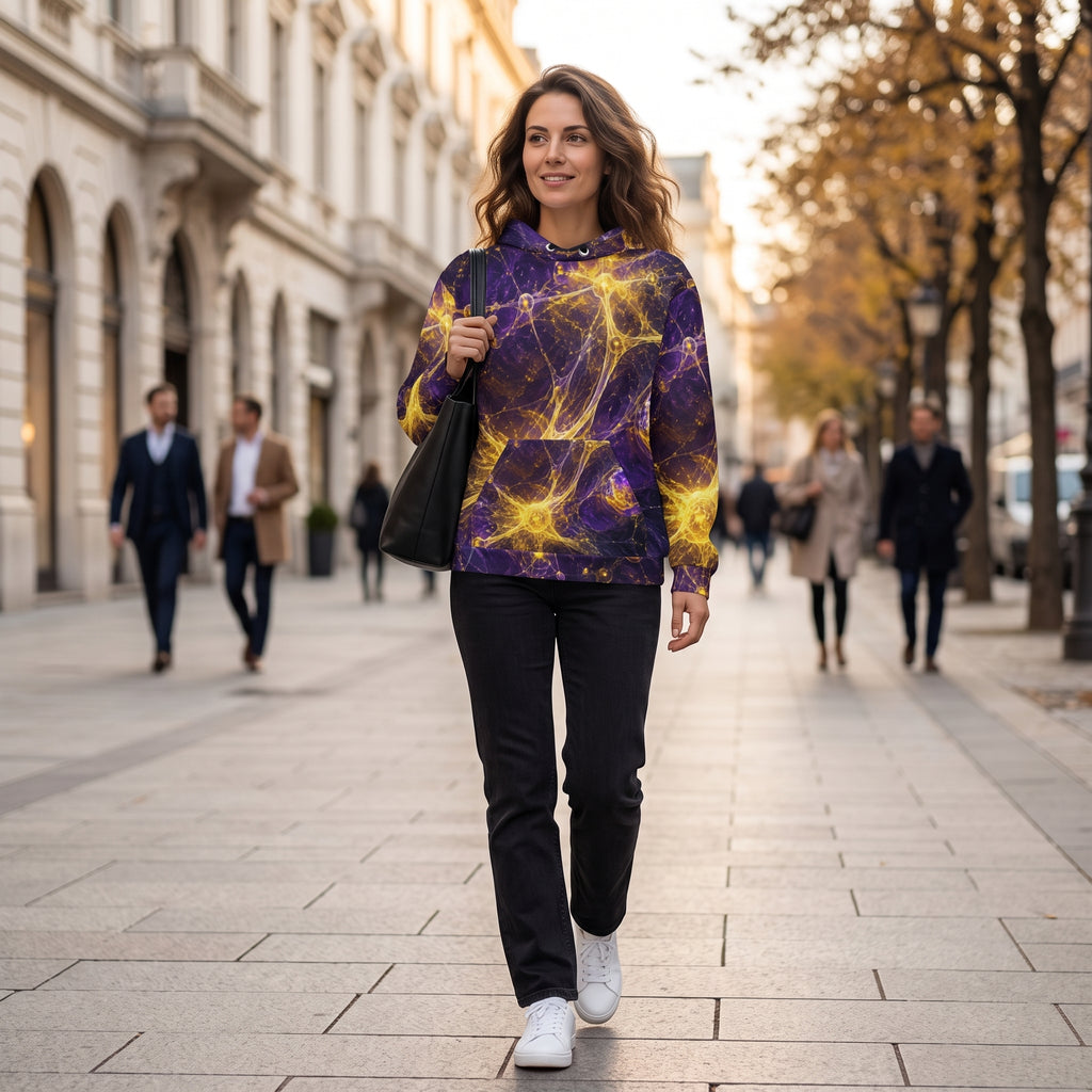 A woman walking down a city street wearing a purple and yellow abstract patterned hoodie, black pants, and white sneakers, carrying a black shoulder bag.
