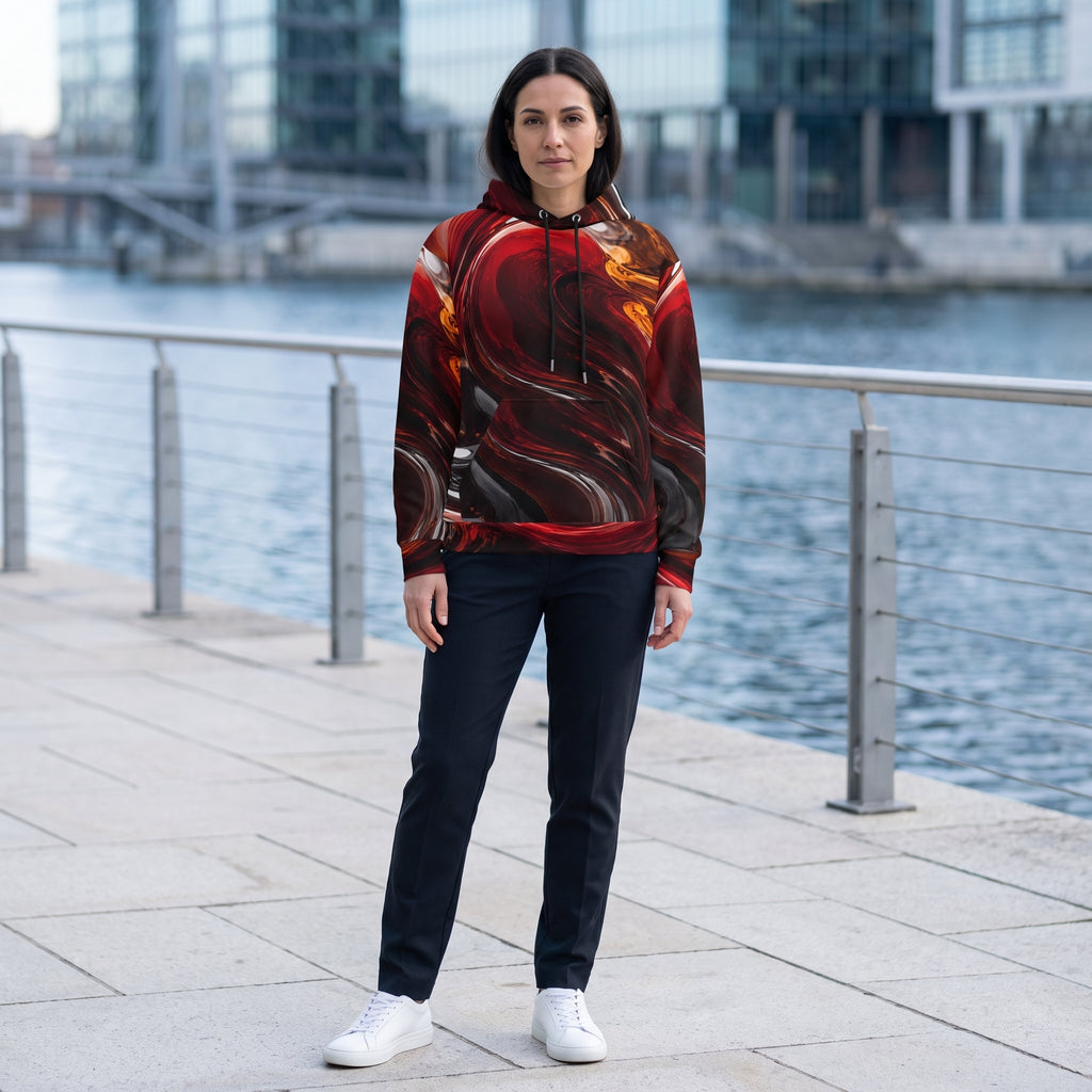 A woman stands on a waterfront promenade wearing a pullover hoodie with a bold red, black, and orange abstract swirl pattern, paired with dark navy pants and white sneakers.