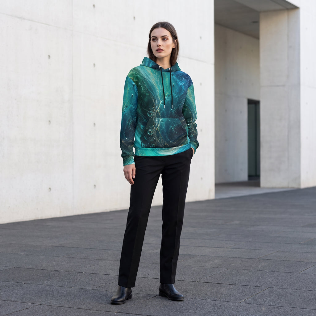 A woman stands outdoors in front of a concrete building wearing a teal and green abstract print hoodie, black pants, and black shoes.