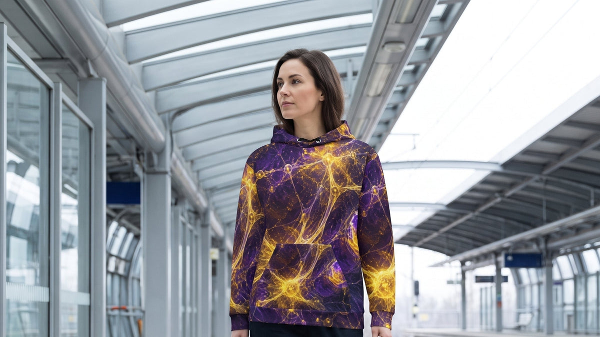 A woman walking on a train station platform wearing a purple and yellow fractal-patterned hoodie, dark pants, and carrying a beige duffel bag.