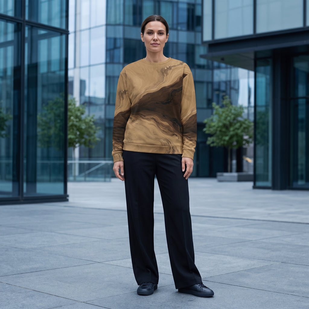 Woman wearing the Terra Strata all-over print sweatshirt