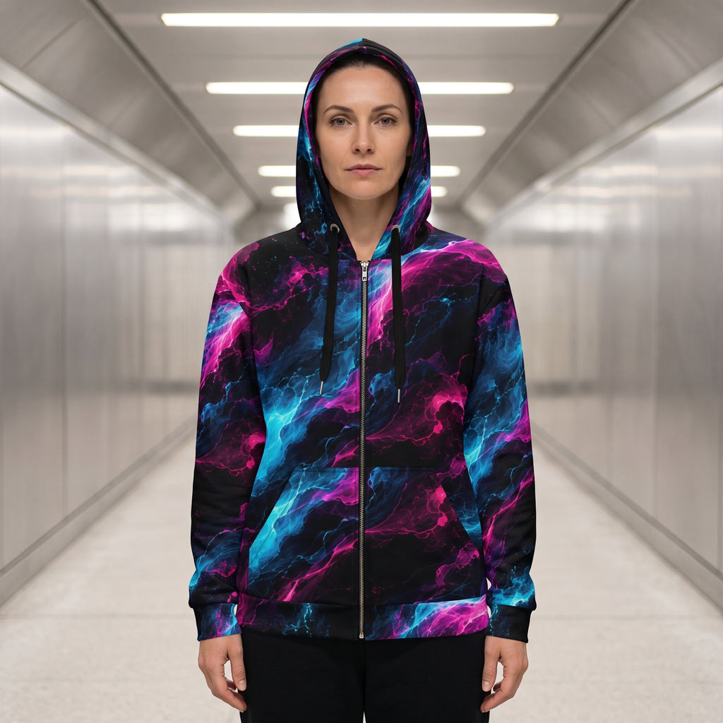 Woman wearing the Neon Vortex all-over print zip hoodie