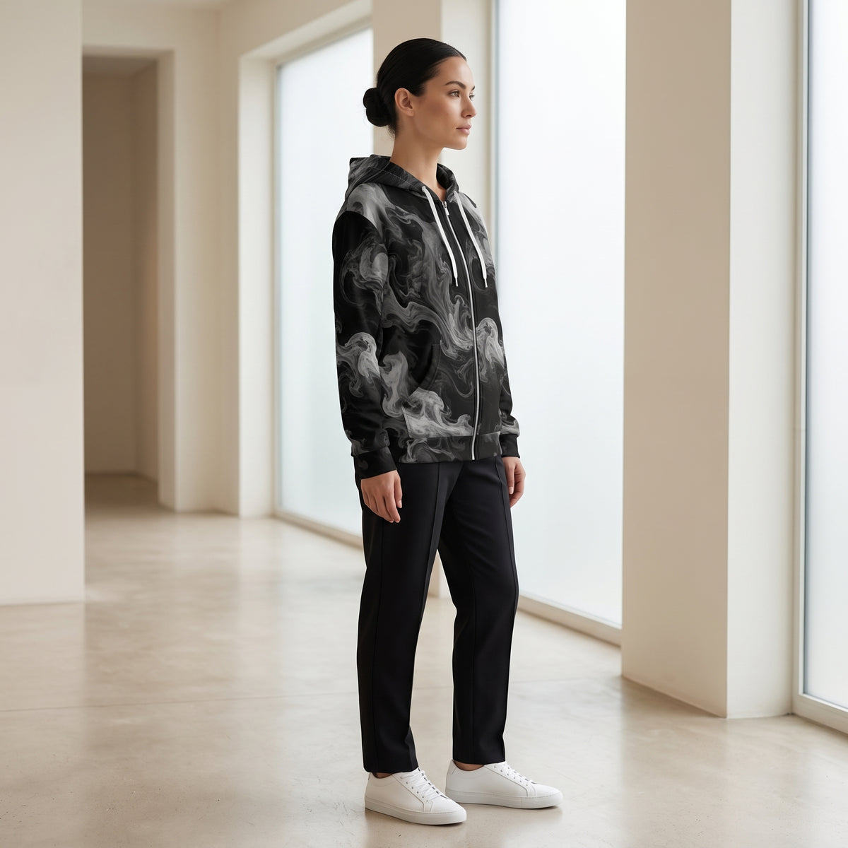 Woman wearing the Phantom Smoke all-over print zip hoodie