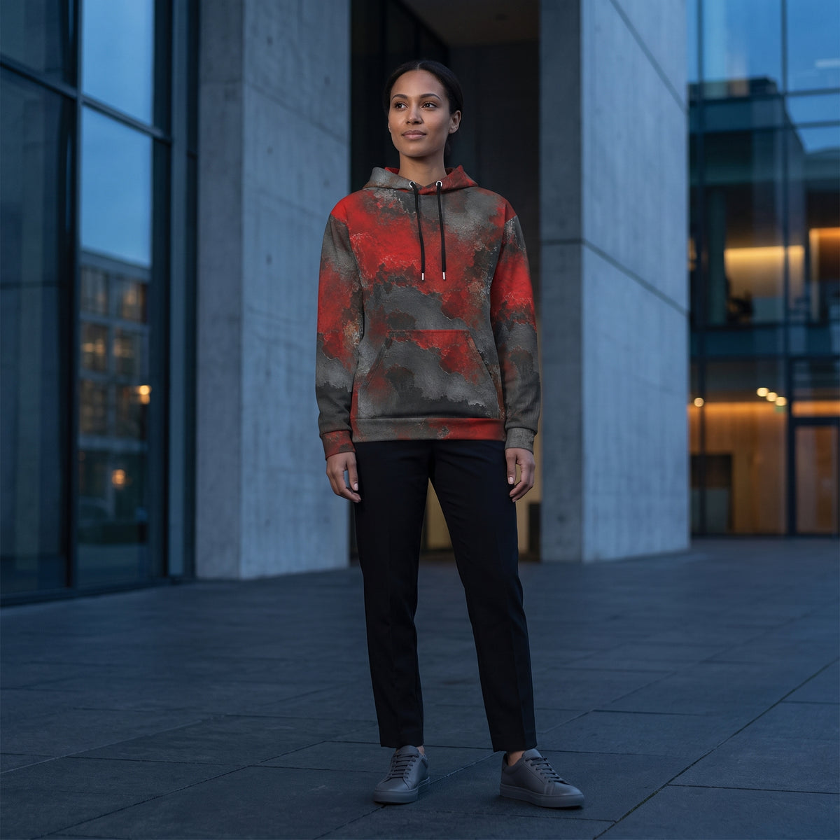 Woman wearing the Red & Black Abstract hoodie, red and black print