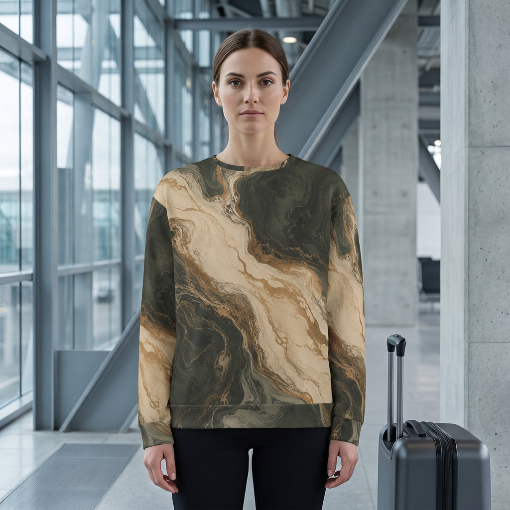 Woman wearing the Verdant Strata sweatshirt, forest green print
