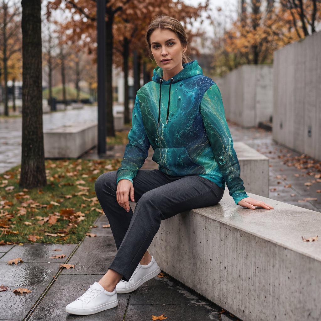 A woman sits on a concrete bench in an outdoor park setting, wearing a teal and blue marbled hoodie, dark gray pants, and white sneakers.
