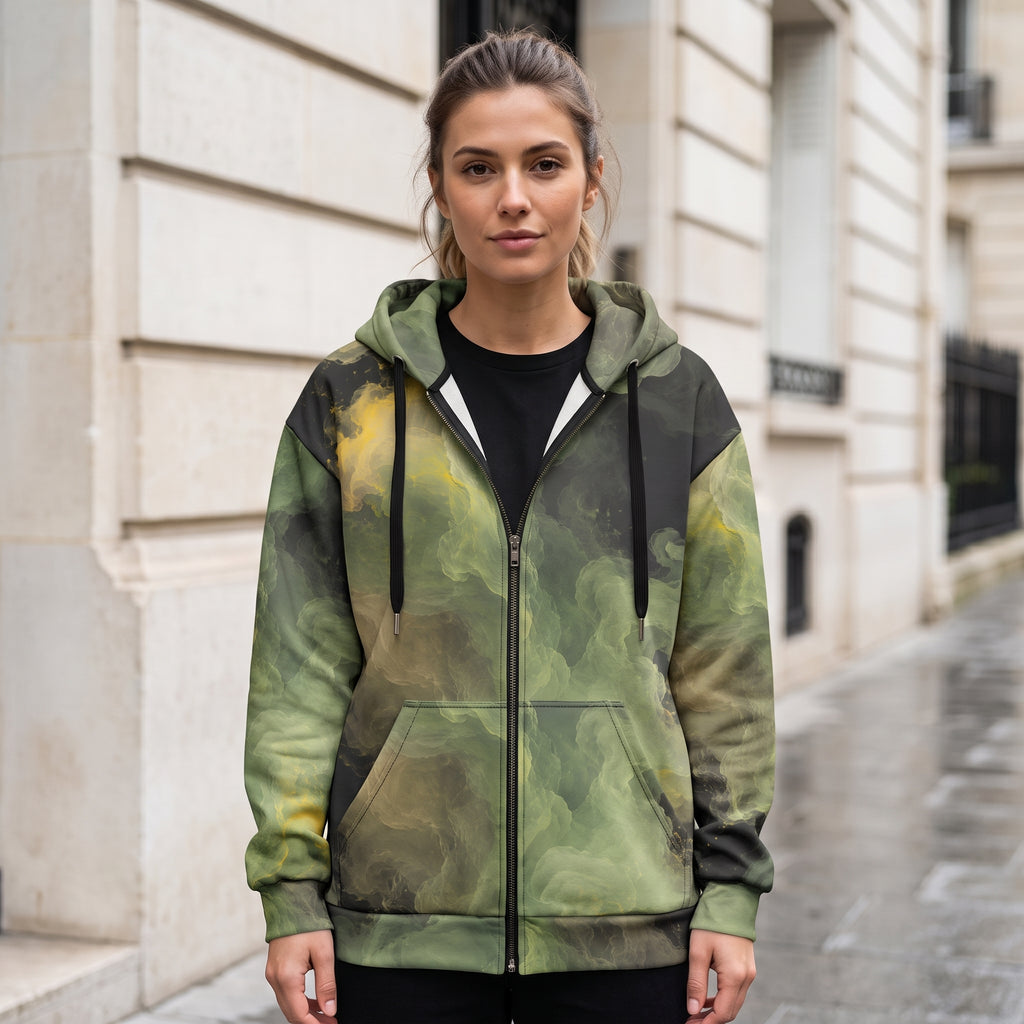 Woman wearing the Verdant Shadow all-over print zip hoodie