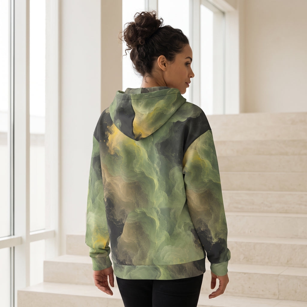 Woman wearing the Verdant Shadow zip hoodie – olive green, charcoal and moss abstract camo print