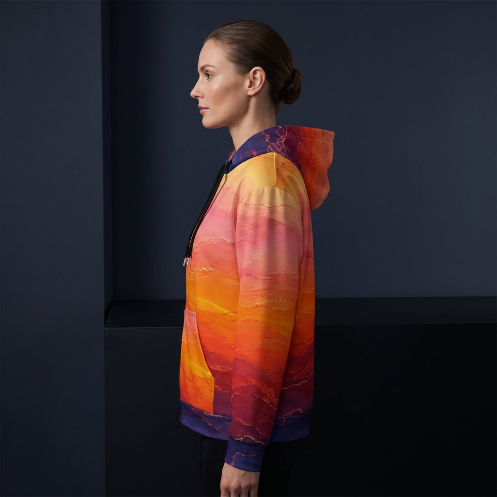 Woman wearing the Solar Horizon all-over print zip hoodie