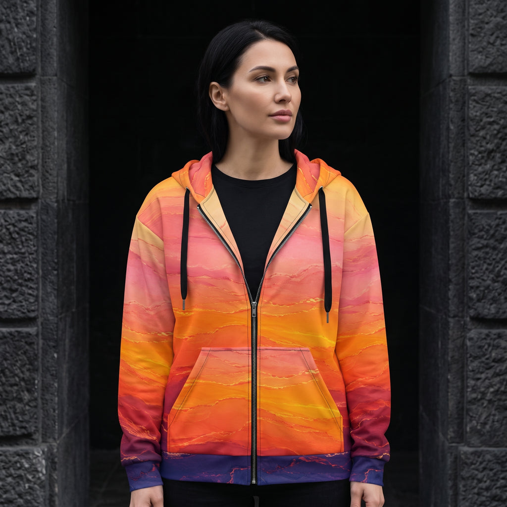 Woman wearing the Solar Horizon zip hoodie, sunset gradient print