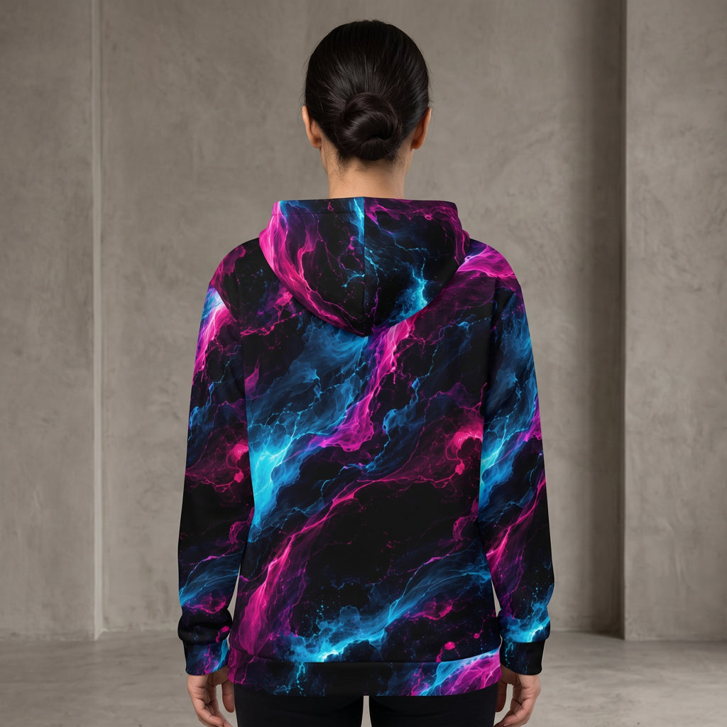 Woman wearing the Neon Vortex zip hoodie, cyan and magenta print