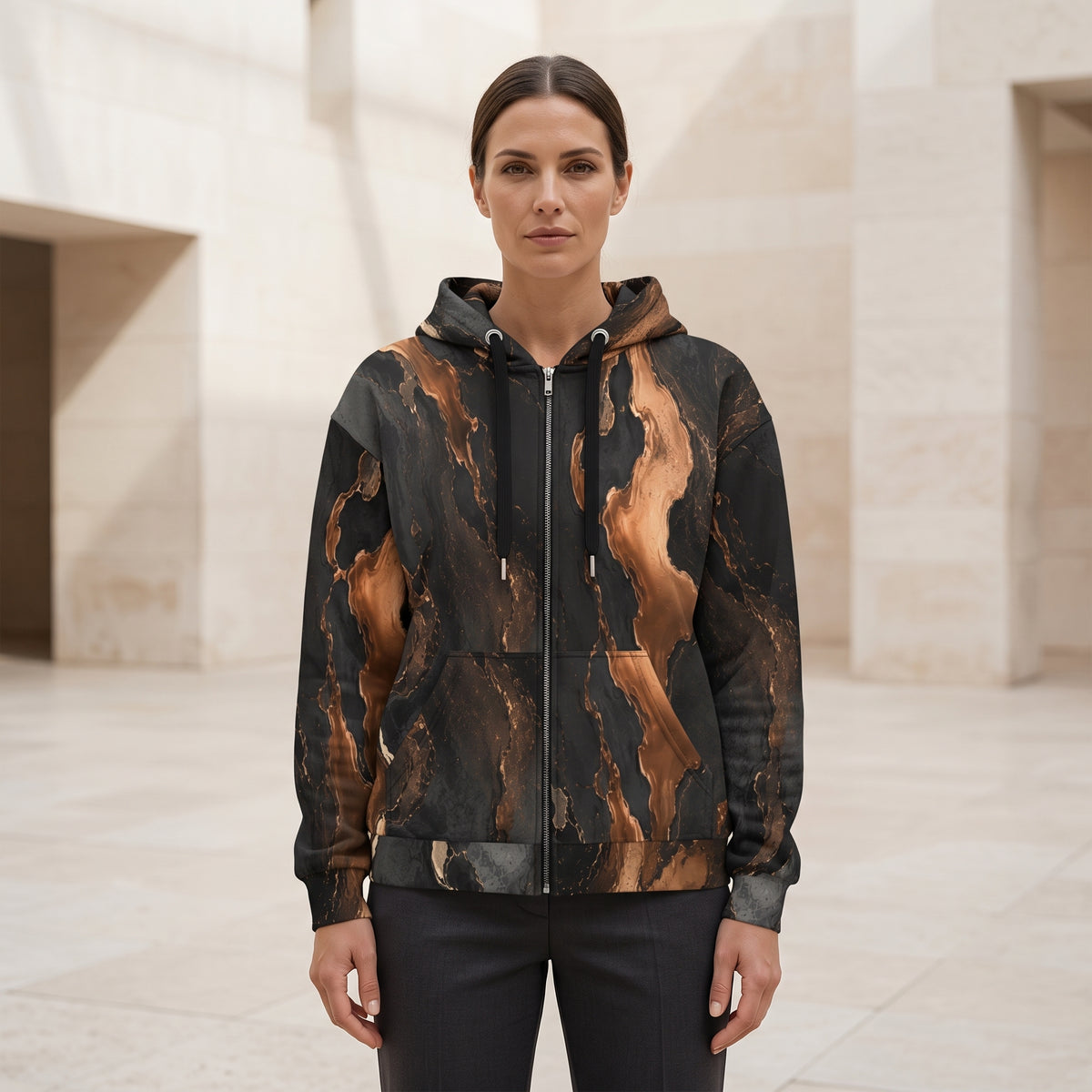 Woman wearing the Molten Ember all-over print zip hoodie