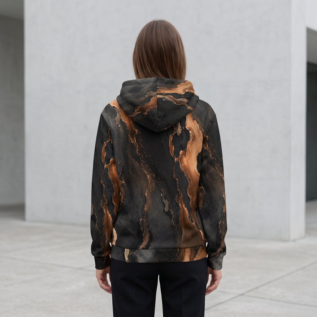 Woman wearing the Molten Ember all-over print zip hoodie