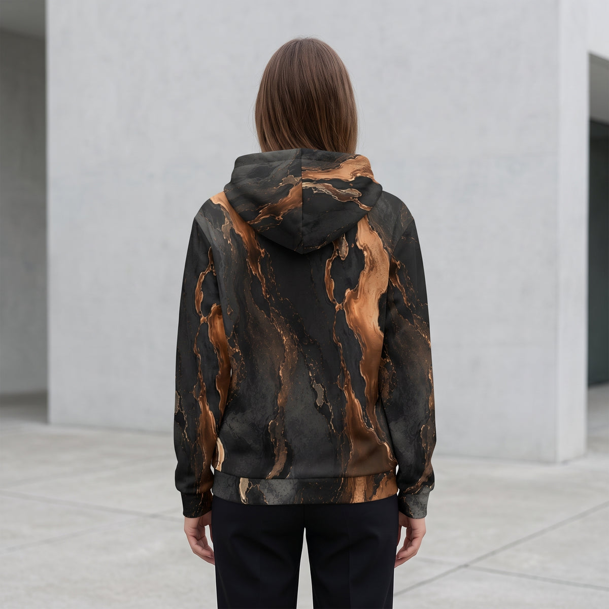 Woman wearing the Molten Ember all-over print zip hoodie