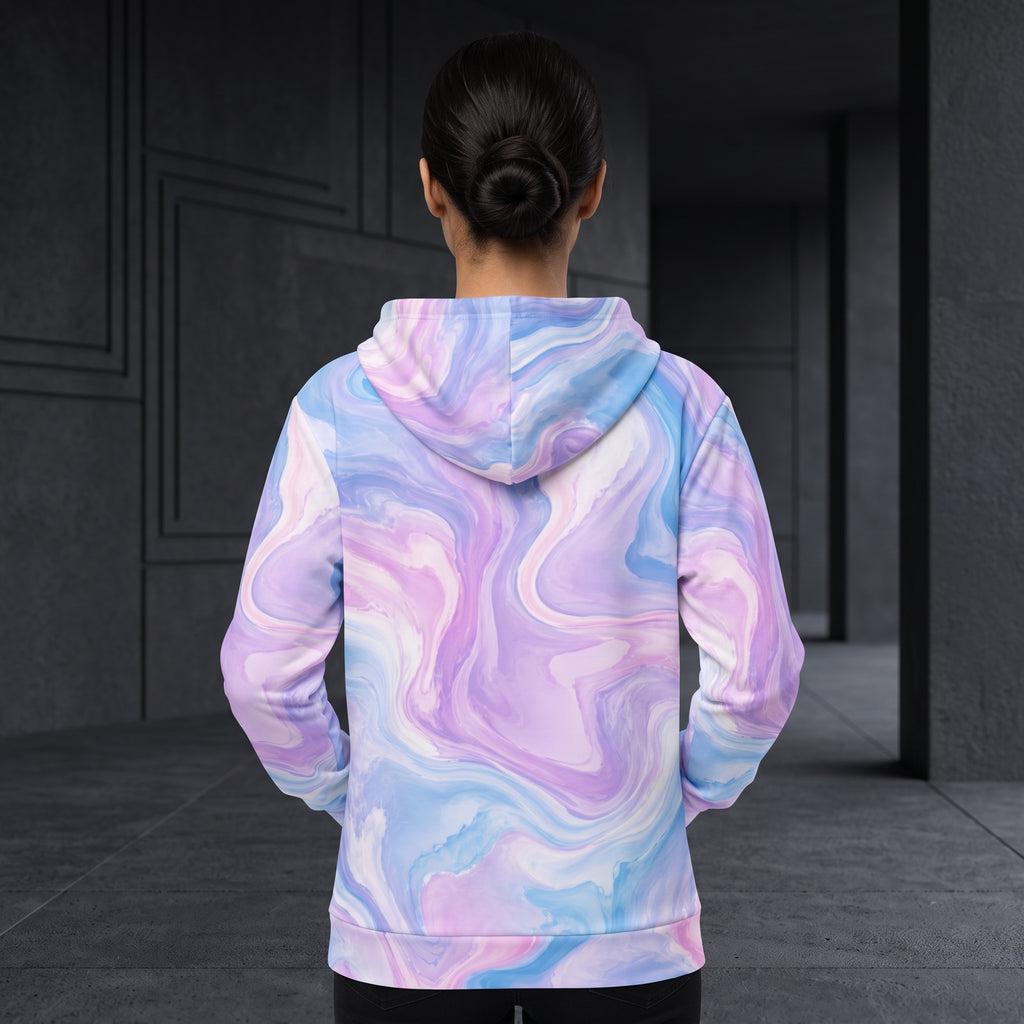 Woman wearing the Pastel Mirage zip hoodie, pastel print