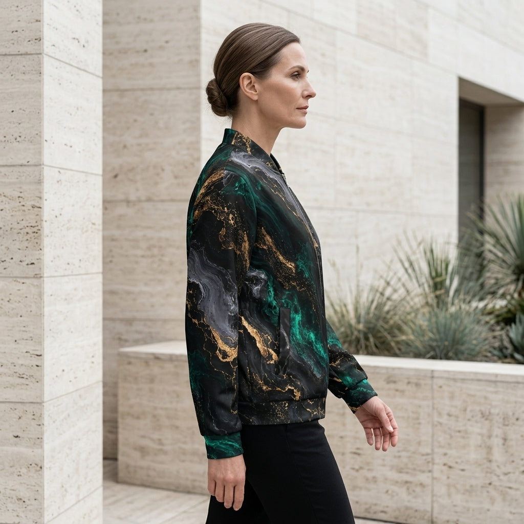 Woman wearing the Emerald Obsidian bomber jacket – black, emerald and gold marble print