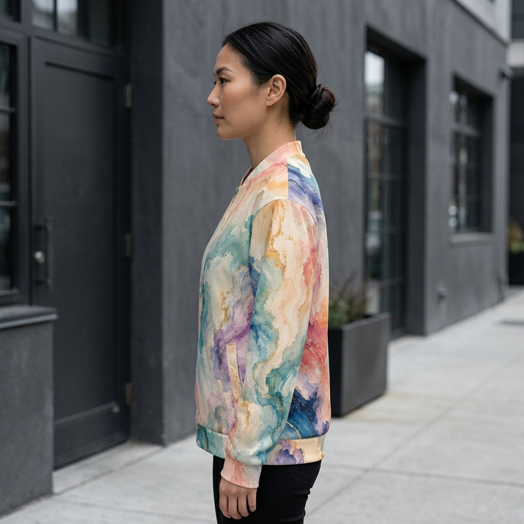 Woman wearing the Ethereal Drift bomber jacket zipped up, blue and pink print