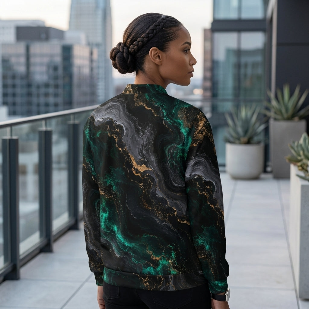 Woman wearing the Emerald Obsidian all-over print bomber jacket zipped up