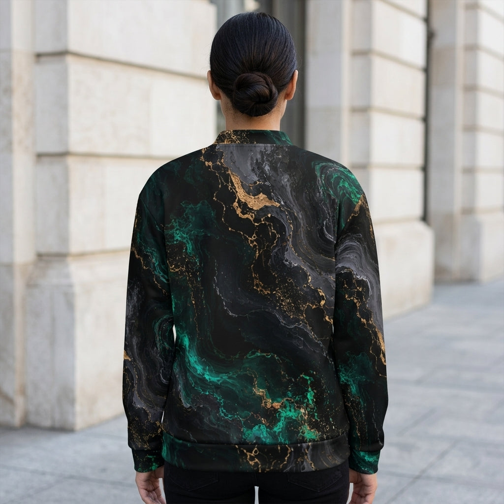 Woman wearing the Emerald Obsidian bomber jacket zipped up, black and emerald print