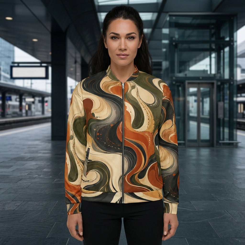 Woman wearing the Terra Flux bomber jacket zipped up – burnt orange, olive and cream swirl print