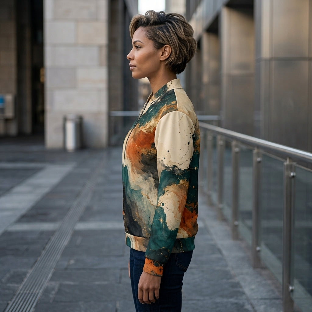 Woman wearing the Ember Tide bomber jacket zipped up, teal and orange print