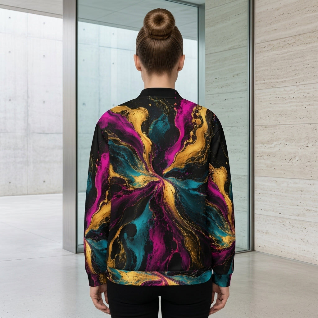 Woman wearing the Chromatic Vortex bomber jacket – magenta, turquoise and golden-yellow swirl print