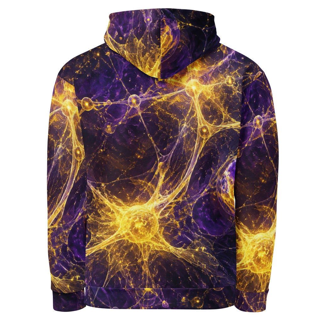 Back view of Cosmic Energy premium hoodie featuring vibrant purple and gold abstract artwork