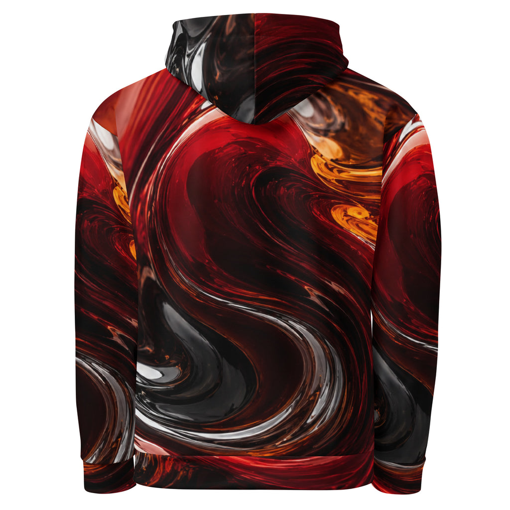 Crimson Vortex unisex hoodie, back view – crimson, orange and black swirl print
