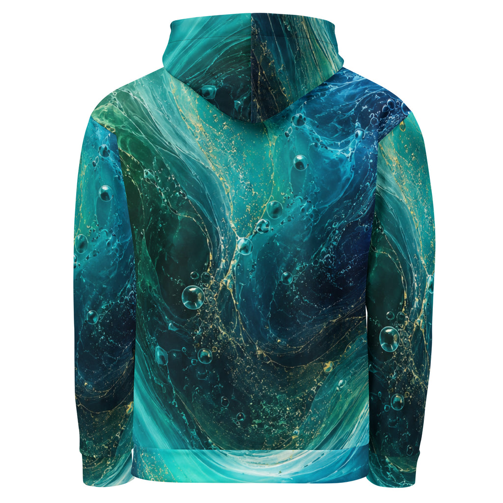 Back view of Oceanic Flow blue and teal abstract print hoodie