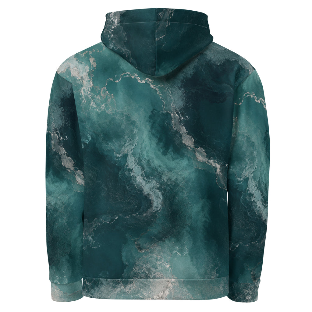 Abyssal Current unisex hoodie, back view – teal and turquoise ocean marble print