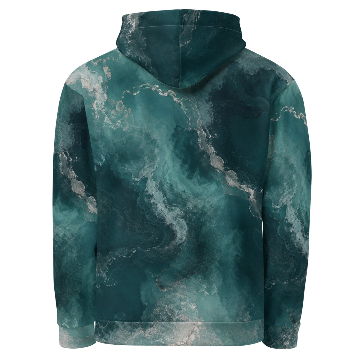Abyssal Current unisex hoodie, back view – teal and turquoise ocean marble print