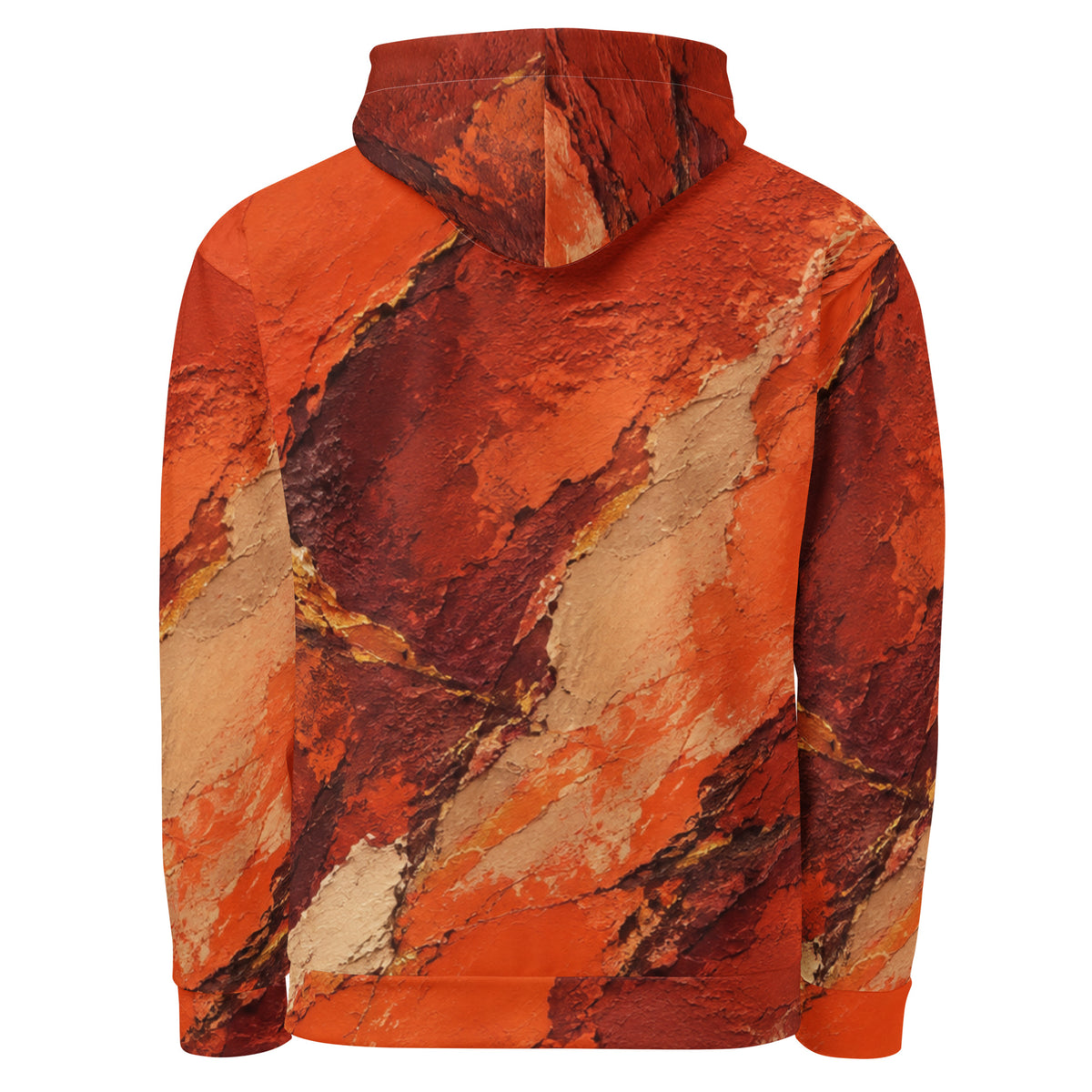 Ember Terrain unisex hoodie, back view – burnt orange, rust and brown earth-tone print