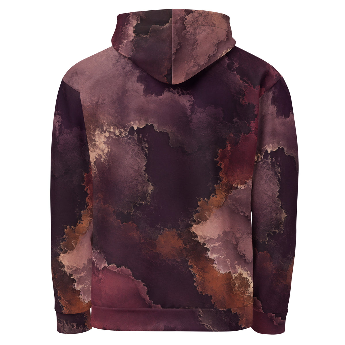 Ember Eclipse unisex hoodie, back view – burgundy, plum and copper abstract print