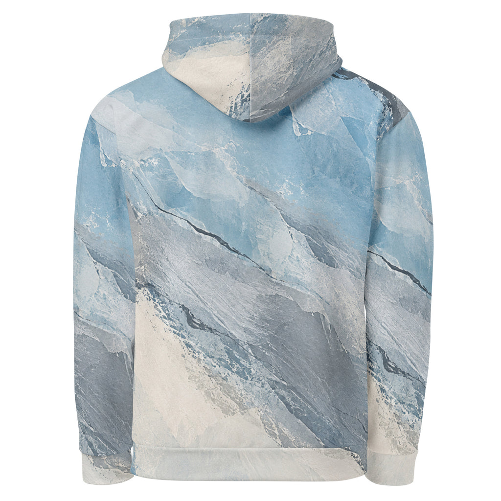 Glacial Current unisex hoodie, back view – icy blue, white and slate grey marble print