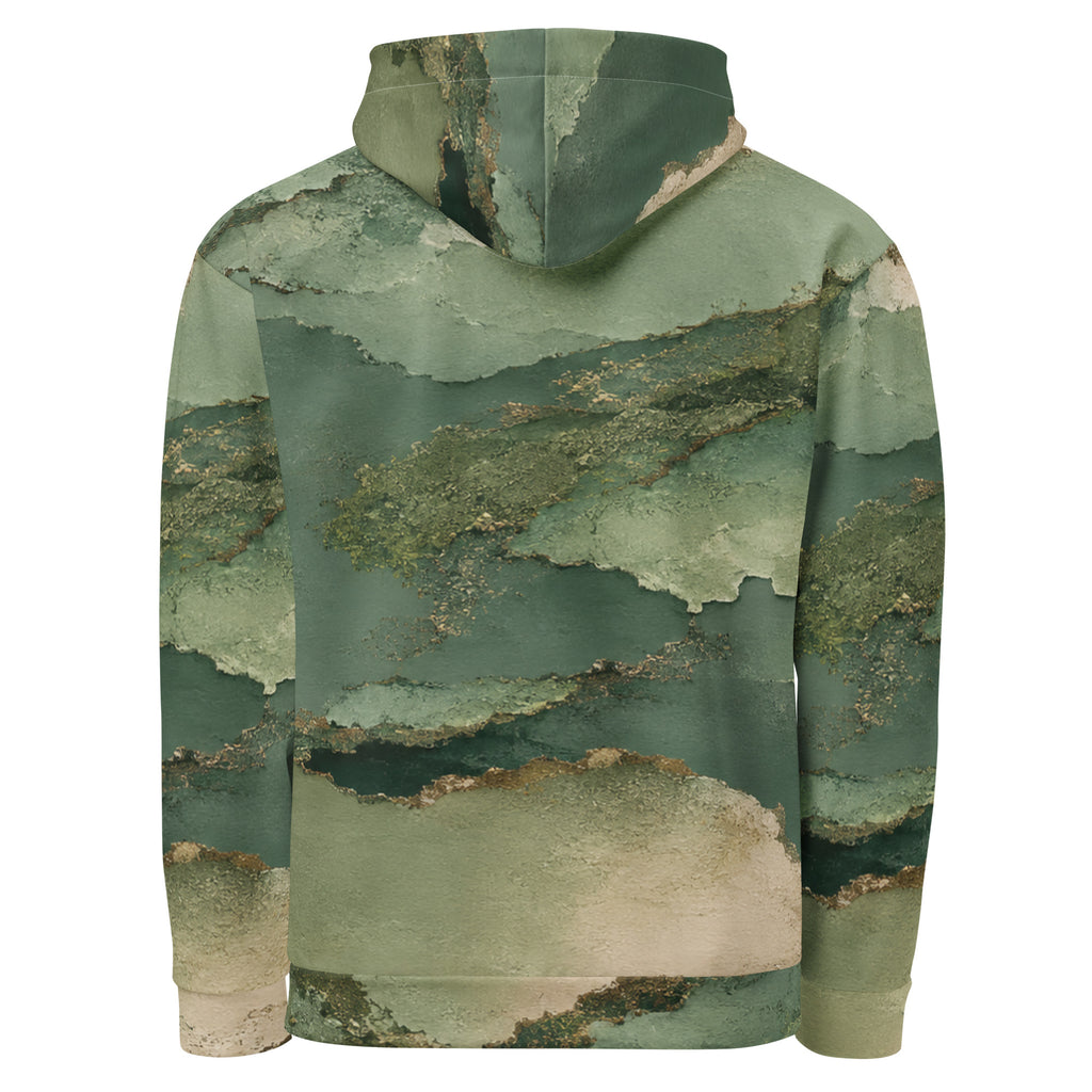Verdant Terrain unisex hoodie, back view – sage, olive and gold abstract print