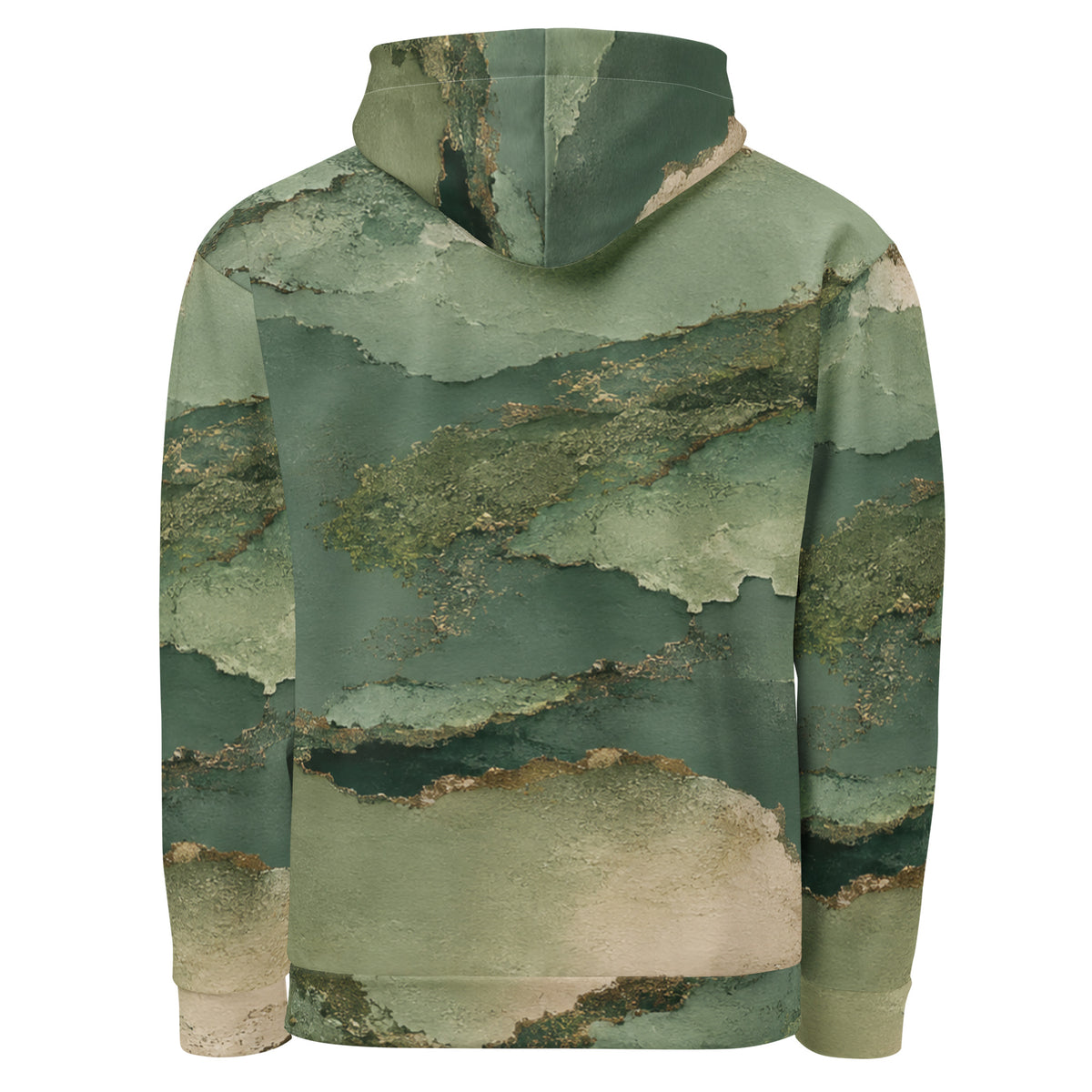 Verdant Terrain unisex hoodie, back view – sage, olive and gold abstract print