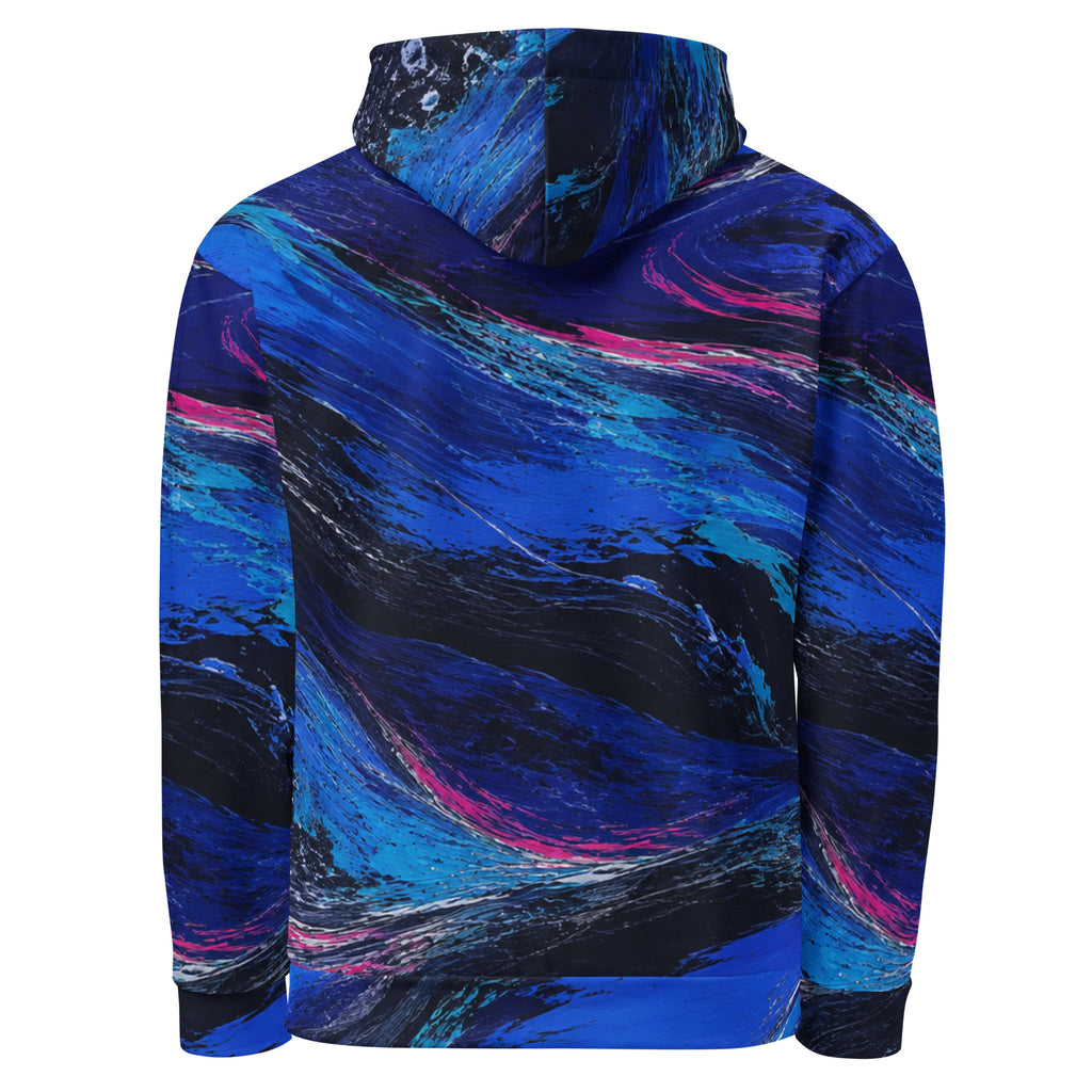 Cobalt Afterglow unisex hoodie, back view – cobalt blue, turquoise and magenta wave print